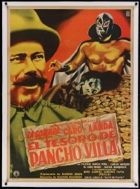 4h072 EL TESORO DE PANCHO VILLA linen Mexican poster 1954 Diaz art of masked wrestler & gold pile!
