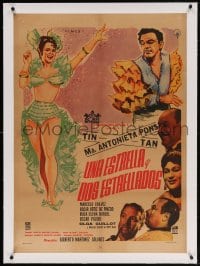 4h078 UNA ESTRELLA Y DOS ESTRELLADOS linen Mexican poster 1960 art Tin-Tan & sexy dancer, rare!