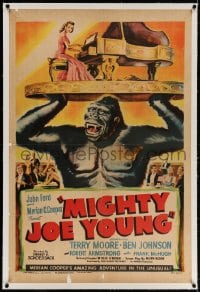 4h299 MIGHTY JOE YOUNG linen style B 1sh 1949 Harryhausen, giant ape holding Terry Moore & piano!!