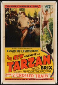 4h306 NEW ADVENTURES OF TARZAN linen chapter 2 1sh 1935 Bruce Bennett with natives in inset & border!