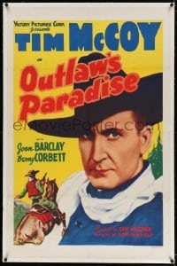 4h316 OUTLAWS' PARADISE linen 1sh 1939 huge close up of cowboy hero Tim McCoy looking tough!