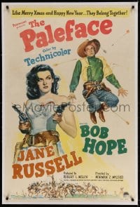 4h317 PALEFACE linen 1sh 1948 art of sexy Jane Russell with two pistols & cowboy Bob Hope!