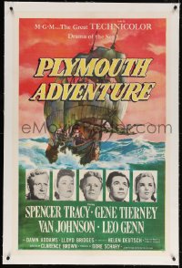 4h322 PLYMOUTH ADVENTURE linen 1sh 1952 Spencer Tracy, Gene Tierney, cool art of ship at sea!