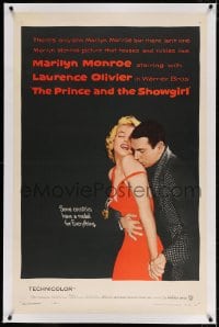 4h325 PRINCE & THE SHOWGIRL linen 1sh 1957 Laurence Olivier nuzzles sexy Marilyn Monroe's shoulder!