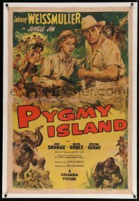 4h326 PYGMY ISLAND linen 1sh 1950 Cravath art of Johnny Weissmuller as Jungle Jim & Ann Savage!