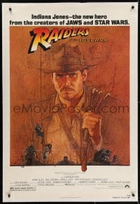 4h329 RAIDERS OF THE LOST ARK linen 1sh 1981 Richard Amsel art of Harrison Ford, Steven Spielberg!