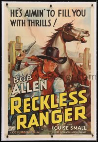 4h330 RECKLESS RANGER linen 1sh 1937 art of Bob Allen, he's aimin' to fill you with thrills, rare!