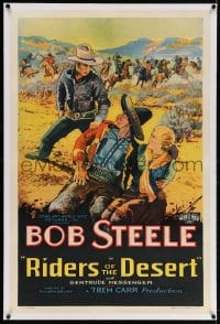 4h336 RIDERS OF THE DESERT linen 1sh 1932 really cool stone litho artwork of cowboy Bob Steele!