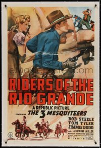 4h337 RIDERS OF THE RIO GRANDE linen 1sh 1943 art of Bob Steele & Lorraine Miller, 3 Mesquiteers!