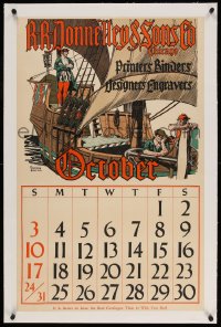 4h114 RR DONNELLEY linen October calendar 1915 great Edward Penfield art of three men on ship!