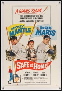 4h342 SAFE AT HOME linen 1sh 1962 New York Yankees baseball greats Mickey Mantle & Roger Maris!