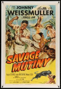 4h343 SAVAGE MUTINY linen 1sh 1953 art of Johnny Weissmuller as Jungle Jim fighting island natives!