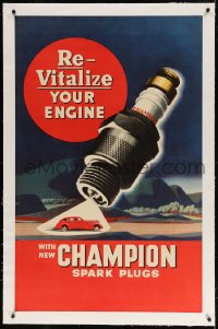 4h129 CHAMPION SPARK PLUGS linen 28x44 advertising poster 1930s buy them to revitalize your engine!