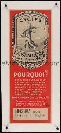 4h131 CYCLES LA SEMEUSE linen 11x30 French advertising poster 1920s make payments on a new bike!