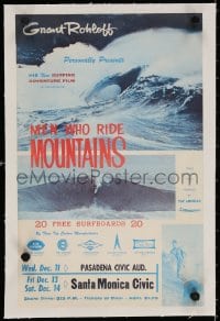 4h172 MEN WHO RIDE MOUNTAINS linen 11x17 special poster 1963 Rohloff's new surfing adventure, rare!