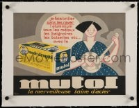 4h141 MUTOL linen 12x16 French advertising poster 1920s art of woman cleaning pot with steel wool!
