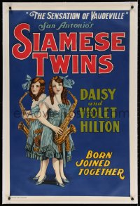 4h121 SIAMESE TWINS linen 28x42 stage poster 1930s San Antonio's Daisy & Violet Hilton play the sax!