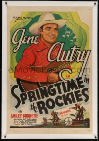 4h353 SPRINGTIME IN THE ROCKIES linen 1sh R1945 smiling close up art of Gene Autry playing guitar!