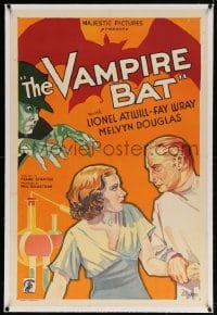 4h381 VAMPIRE BAT linen 1sh 1933 art of Lionel Atwill & terrified Fay Wray + creepy guy, ultra rare!