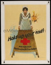 4h086 HOLD UP YOUR END linen 21x28 WWI war poster 1917 WB King art of Red Cross nurse w/stretcher!
