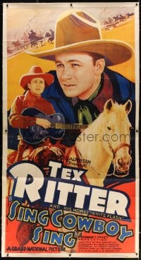 4j190 SING COWBOY SING linen 3sh 1937 huge art of Tex Ritter with guitar & his horse White Flash!
