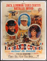 4j118 GREAT RACE linen French 1p 1966 art of Tony Curtis, Jack Lemmon & Natalie Wood by Mascii!