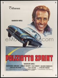 4j166 HIGHWAY RACER linen Italian 1p 1977 different art of Merli & Ferrari on two wheels, rare!