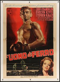 4j164 IRON MAN linen Italian 1p 1952 Marcelli art of boxer Jeff Chandler & sexy Evelyn Keyes, rare!