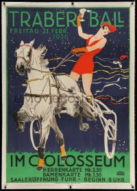 4j217 TRABER BALL linen 34x48 German special poster 1936 Thony art of woman on harness race horse!