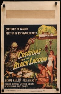 4j084 CREATURE FROM THE BLACK LAGOON 2D WC 1954 great art of monster, Julia Adams & scuba divers!