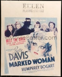 4j045 MARKED WOMAN jumbo WC 1937 art of party girl Bette Davis, who testifies against Bogart, rare!