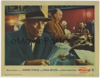 4k344 WRONG MAN LC #6 1957 Alfred Hitchcock cameo reading newspaper behind smoking Henry Fonda!