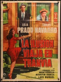 4k106 LA ILUSION VIAJA EN TRANVIA Mexican poster 1954 Luis Bunuel, cool streetcar art, ultra rare!