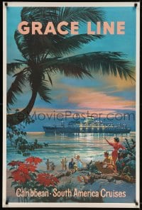 4k091 GRACE LINE 28x42 travel poster 1961 Carl G. Evers art of cruise ship by tropical coast!