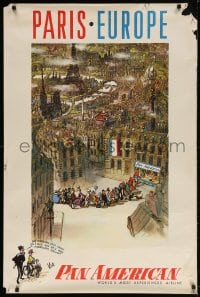 4k095 PAN AMERICAN PARIS - EUROPE 28x42 travel poster 1950s Prescott art of Eiffel Tower & city!