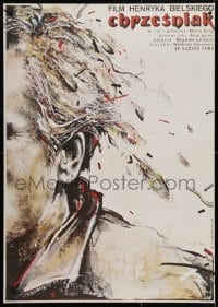 4p164 CHRZESNIAK Polish 26x37 1986 artwork of man with feather hair by Witold Dybowski!