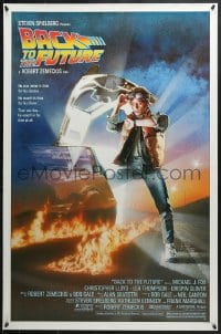 4r538 BACK TO THE FUTURE studio style 1sh 1985 art of Michael J. Fox & Delorean by Drew Struzan!