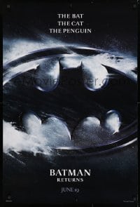 4r546 BATMAN RETURNS teaser 1sh 1992 Burton, Keaton, The Bat, The Cat, The Penguin, logo design!