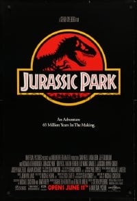 4r729 JURASSIC PARK advance DS 1sh 1993 Steven Spielberg, classic logo with T-Rex over red background