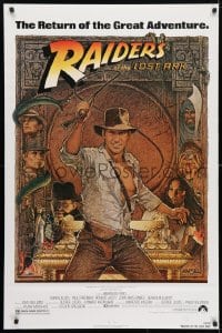 4r842 RAIDERS OF THE LOST ARK 1sh R1982 great Richard Amsel art of adventurer Harrison Ford!