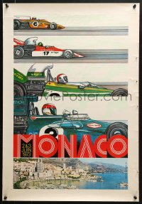 4r371 MONACO 20x29 French special poster 1973 J. Ramel art of four race cars and image of city!