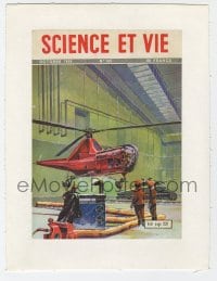 4s179 LA SCIENCE ET LA VIE linen French magazine cover Oct 1949 art of tank & helicopter in hangar!