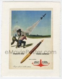 4s200 ANCORA linen Italian magazine ad 1950 cool art of fountain pen & men filming rocket launch!