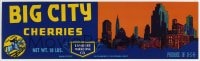 4s082 BIG CITY CHERRIES 3x11 produce crate label 1960s great art of city skyline!