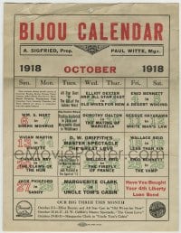 4s210 BIJOU CALENDAR calendar 1918 from a theater that only showed Paramount-Artcraft pictures!