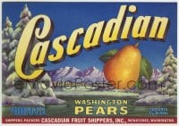 4s085 CASCADIAN 7x11 produce crate label 1950s Washington Pears from Wenatchee!