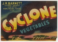 4s087 CYCLONE VEGETABLES 5x7 produce crate label 1940s great art, from Harlingen, Texas!