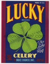 4s098 LUCKY 5x7 produce crate label 1950s four leaf clover art, celery from Salinas, California!