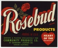 4s100 ROSEBUD PRODUCTS 5x6 crate label 1950s California produce, heart of the harvest!