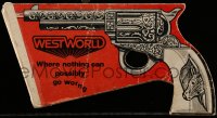 4s029 WESTWORLD die-cut 5x9 theater promo 1973 Michael Crichton, where nothing can possibly go worng!